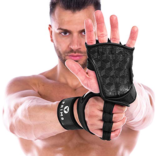 A shirtless man wearing workout gloves showing his hands to the camera.